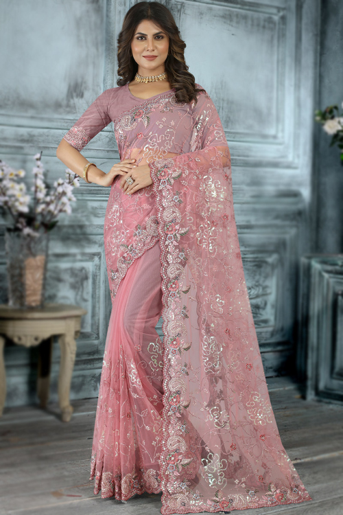 Net Light Weight Embroidered Dusty Pink Saree