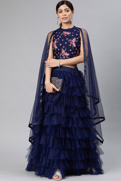 Net Navy Blue Resham Embroidered Layered Style Lehenga 