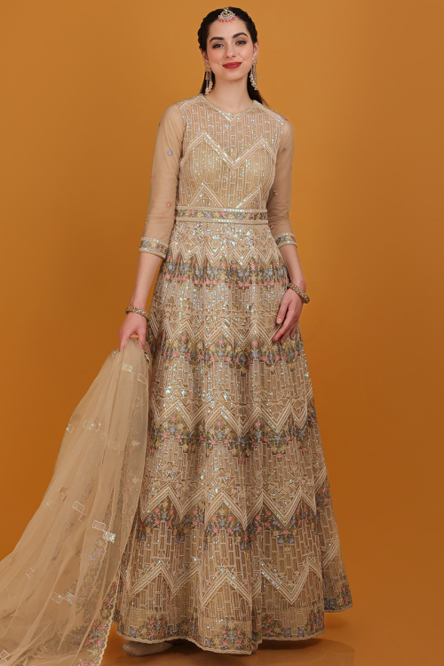 Net Oat Beige Zari Embroidered Panellled Style Designer Anarkali Salwar Suit