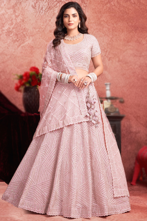 Net Pale Pink Sequins Embroidered Panelled Lehenga 