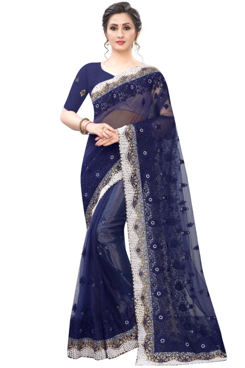 Net Party Wear Saree In Navy Blue Color