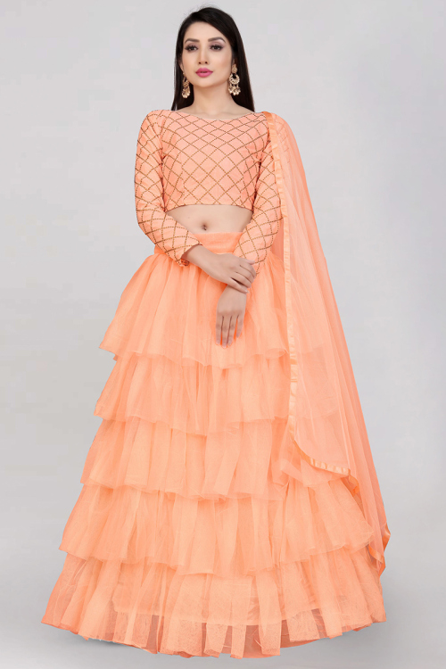 Net Peach Zari Embroidered Layered Style Lehenga 