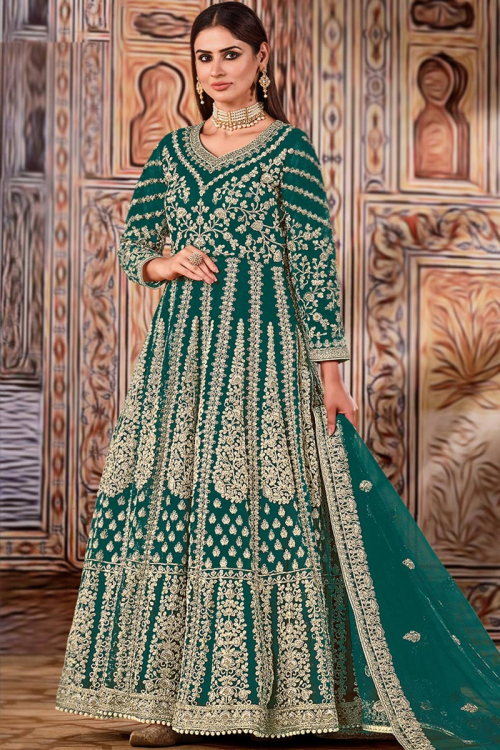 Net Peacock Green Dori Embroidered Anarkali Suit