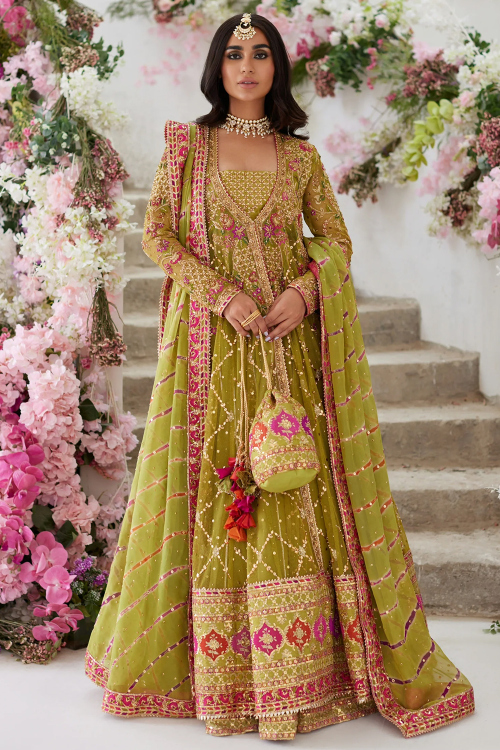 Silk Pear Green Lace Embroidered Jacket Style Lehenga