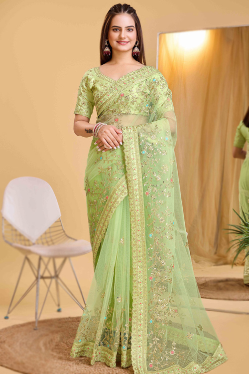 Net Pistachio Green Embroidered Light Weight Saree