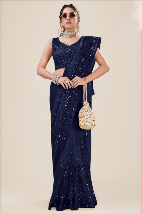Net Prussian Blue Sequins Embroidered Fancy Saree 