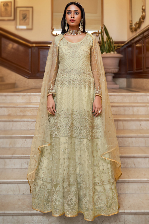 Net Sage Green Resham Embroidered Anarkali Suit