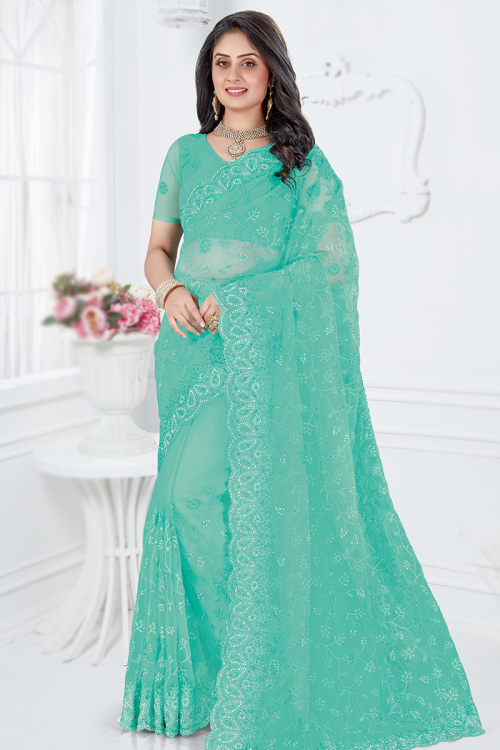 Net Stone Embellished Seafoam Green Saree For Sangeet