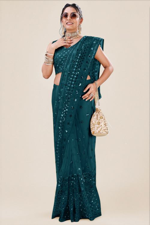 Net Teal Blue Sequins Embroidered Fancy Saree 