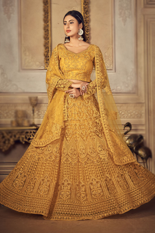 Net Trombone Yellow Dori Embroidered Panelled Style Lehenga 
