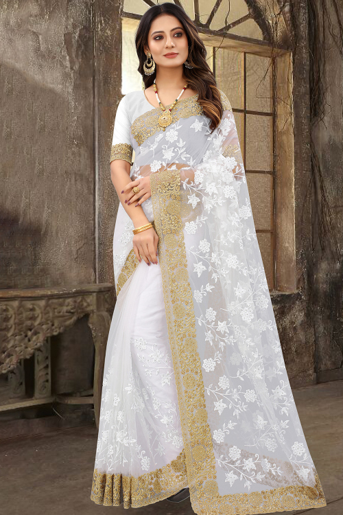 Net White Saree With Zari Work For Festival