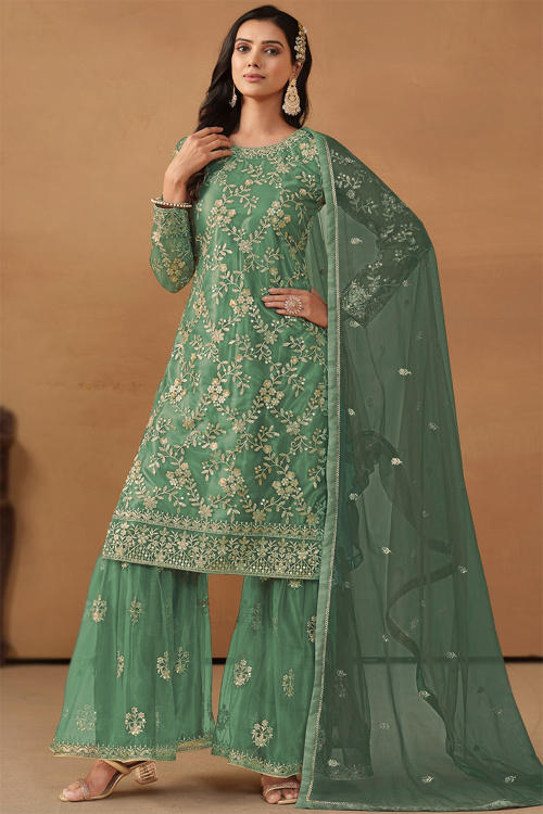 Net Zari Embroidered Dusty Green Straight Cut Sharara Suit