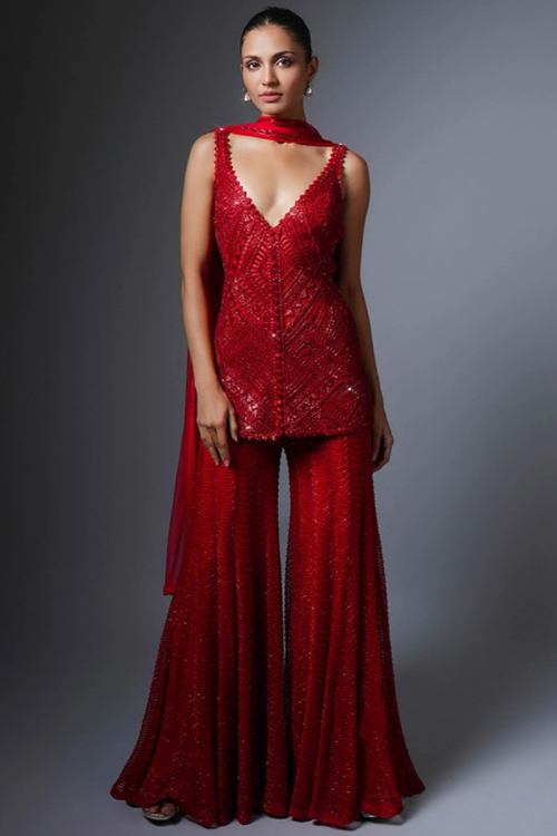 Deep Red Georgette Embroidered Wedding Sharara Suit