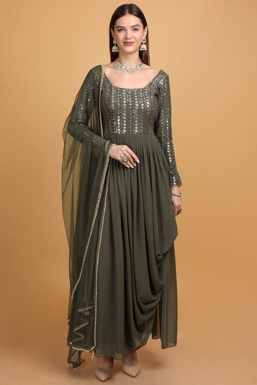 Army Green Georgette Embroidered Indo-Western Gown for Wedding & Party