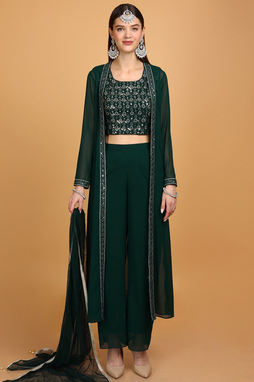 Bottle Green Georgette Embroidered Crop Top With Straight Pant