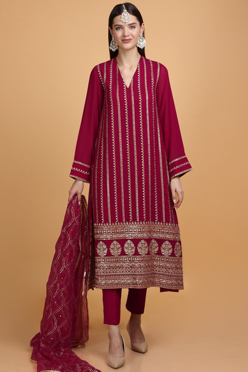 Ruby Pink Georgette A Line Embroidered Trouser Suit for Wedding & Party