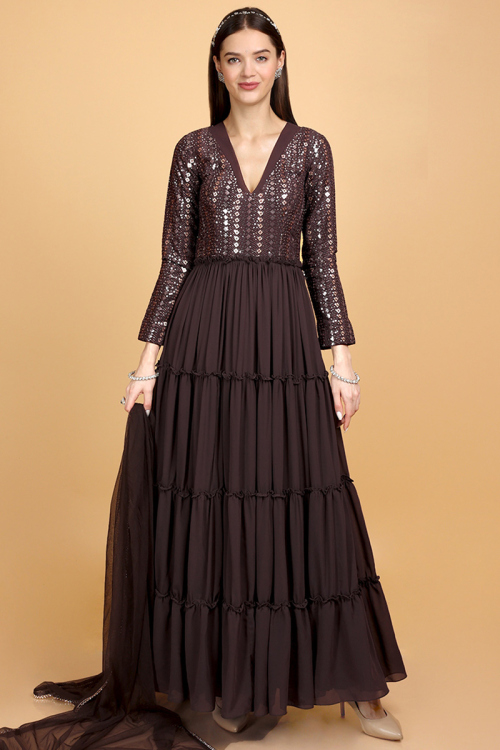 Fancy Georgette Mauve Taupe Anarkali Suit for Wedding & Party