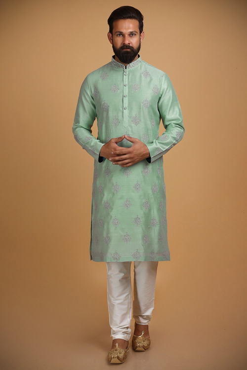 Mint Green Dupion Silk Embroidered Men's Kurta Pajama for Wedding & Party