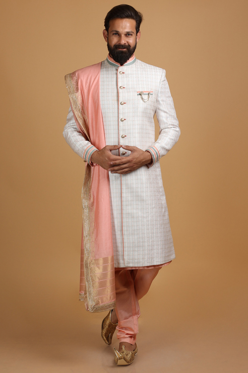 Off White Brocade Men Wedding Sherwani With Chanderi Silk Dupatta