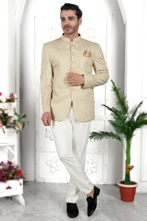 Oat Beige Silk Embroidered Jodhpuri Style Men's Coat Pant