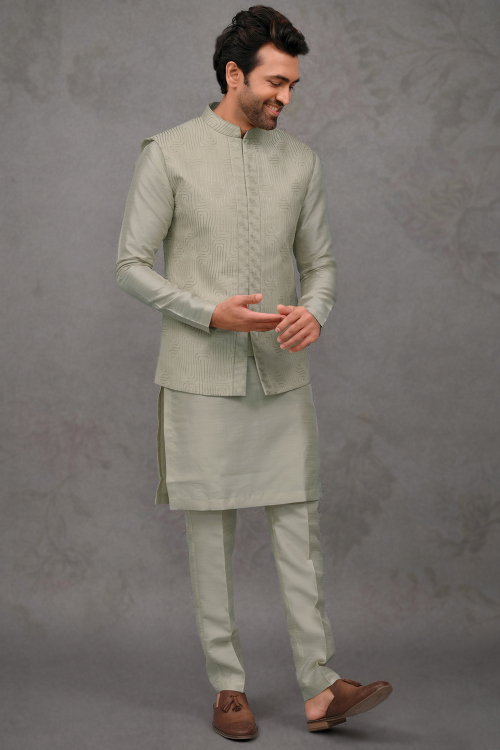 Oat Beige Silk Jacket Style Men's Plain Kurta Pajama