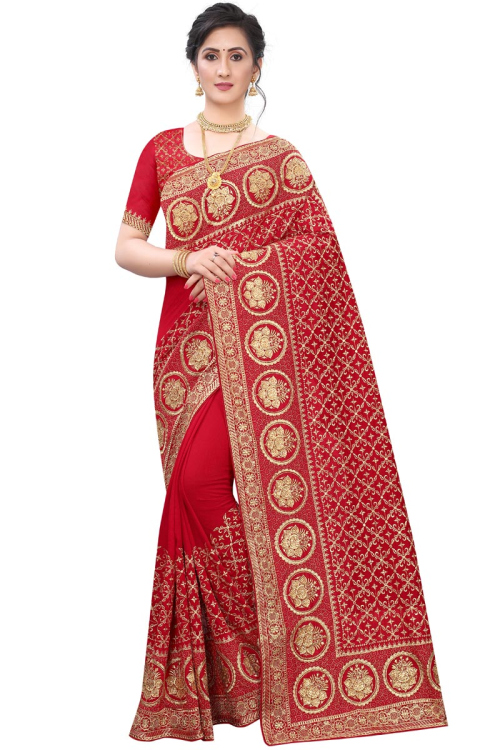 Embroidered Wedding Wear Saree In Red Color