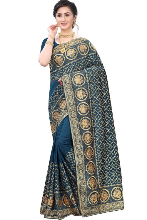 Embroidered Peacock Blue Wedding Wear Silk Saree