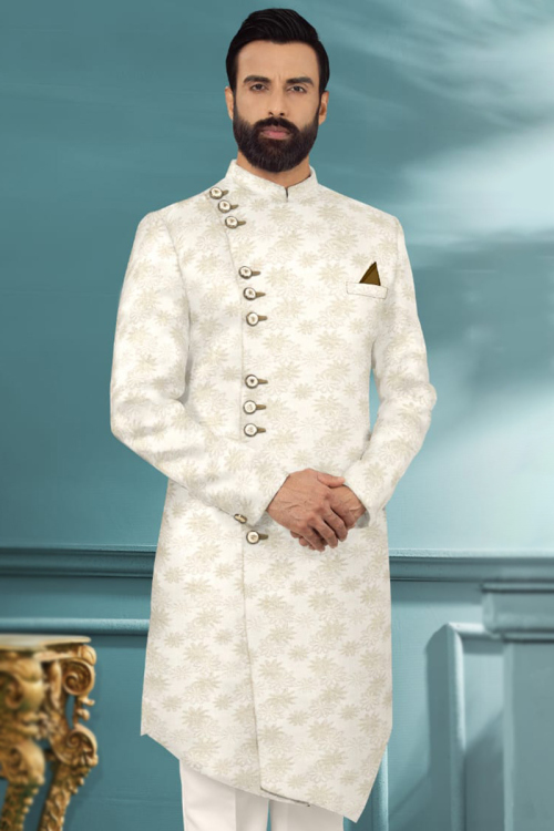 Art Silk Off White Wedding Wear Men Sherwani with Thread Work