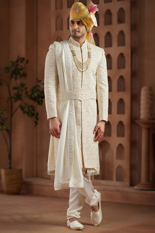 Off White Art Silk Embroidered Men's Sherwani With Anarkali Style Kurta