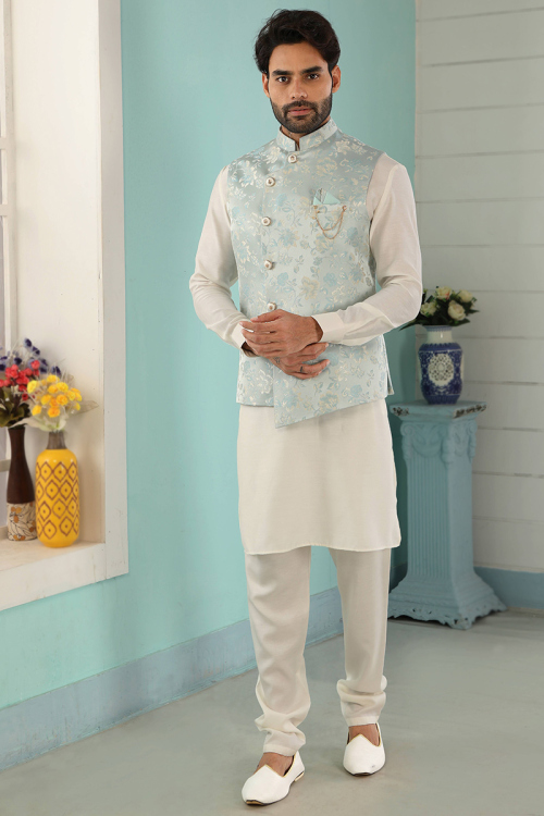 Off-White Art Silk Men's Kurta Churidar With Weaved Waistcoat