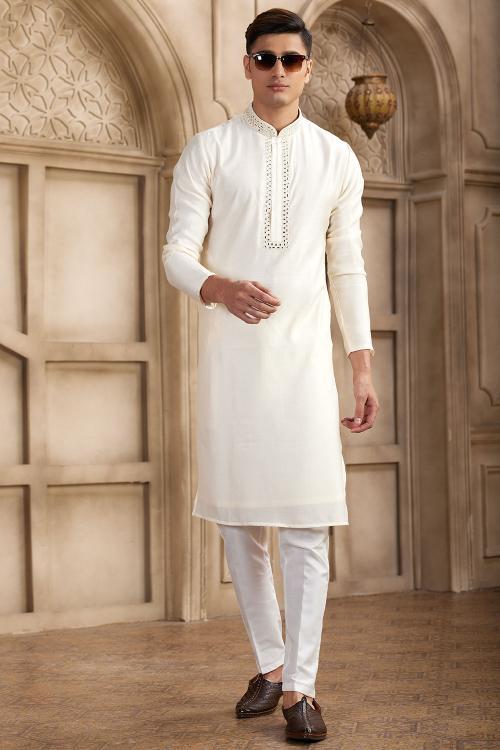 Off White Art Silk Men&#039;s Kurta Pajama With Mirror Work