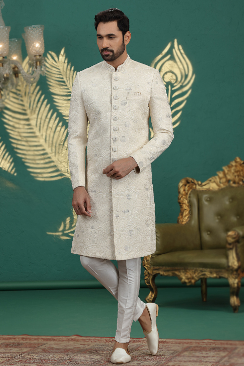 Off White Art Silk Men&#039;s Sherwani With Beads Work For Weddings