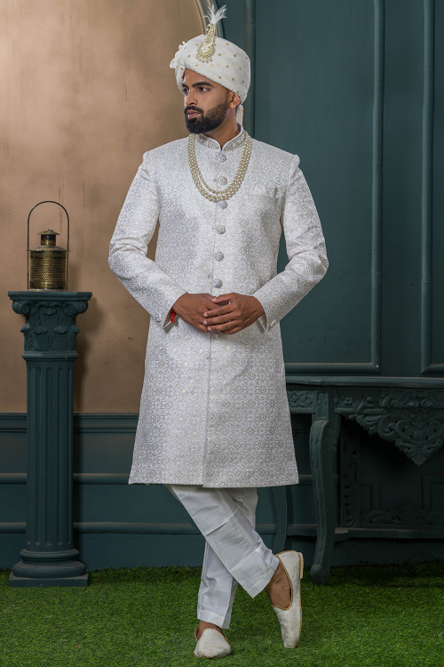 Off White Art Silk Men&#039;s Sherwani With Dori Work For Wedding