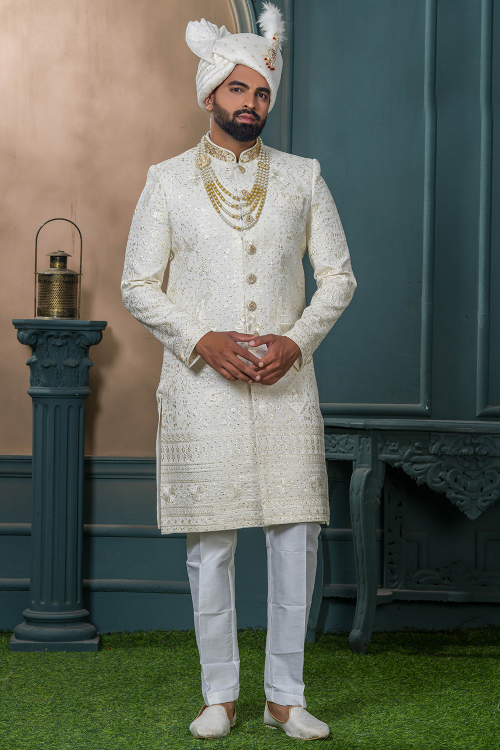 Off White Art Silk Men&#039;s Sherwani With Stone Work For Wedding