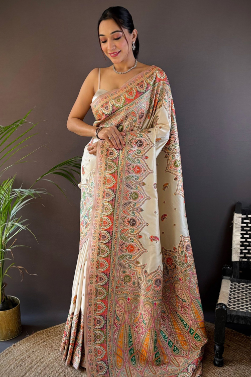 Off White Art Silk Saree With Weaved Work For Festival