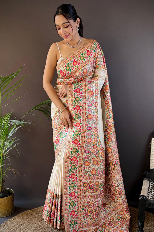 Off White Art Silk Saree With Weaved Work For Festival