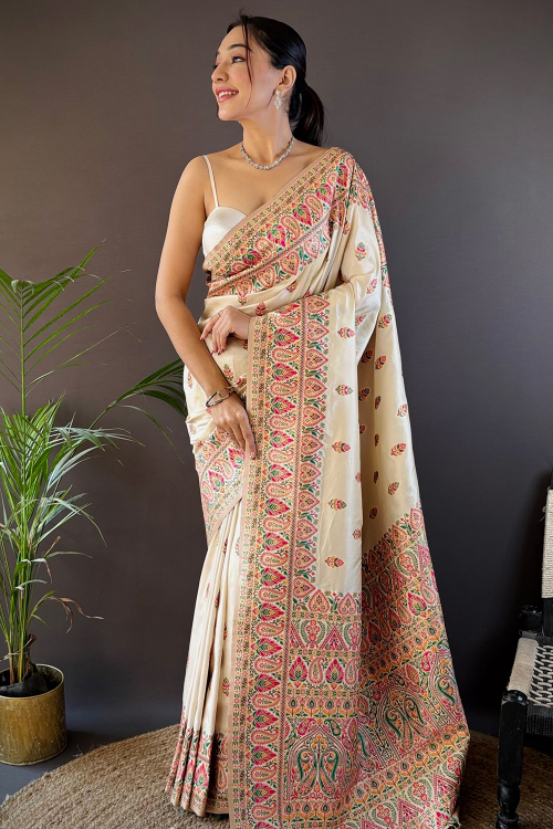Off White Art Silk Saree With Weaved Work For Festival