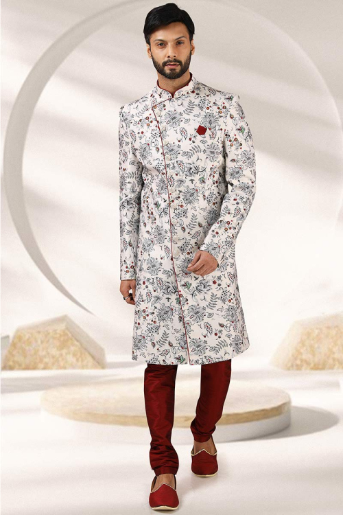 Off White Banarasi Silk Angrakha Men Sherwani with Printed