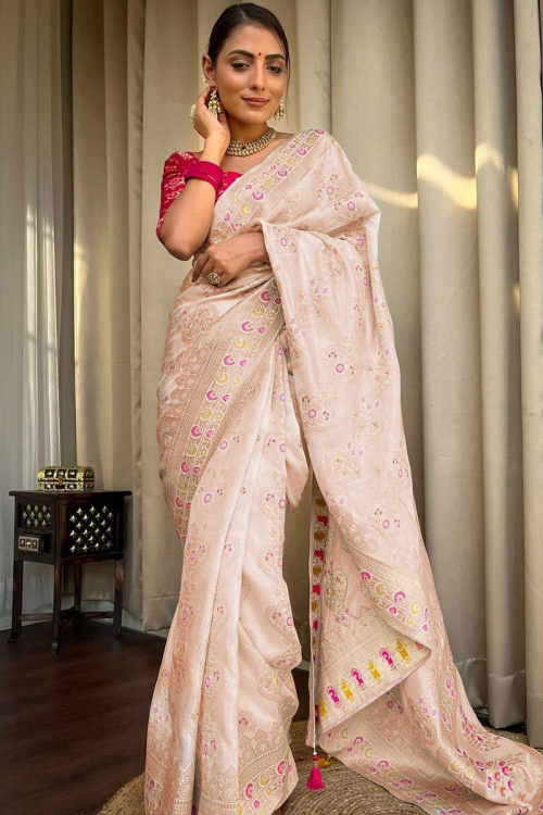 Off White Banarasi Silk Thread Weaved Traditional Saree 
