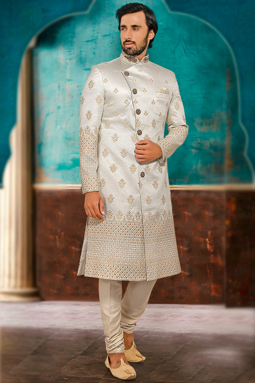 Off White Brocade Zari Embroidered Men Sherwani