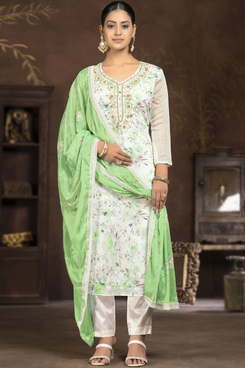 Off White Chanderi Floral Print Trouser Suit For Sangeet 