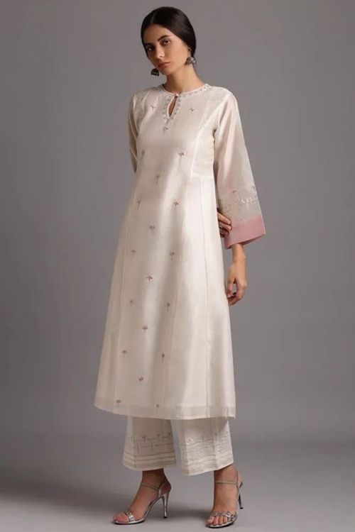 Ivory Chanderi Silk A Line Trouser Suit