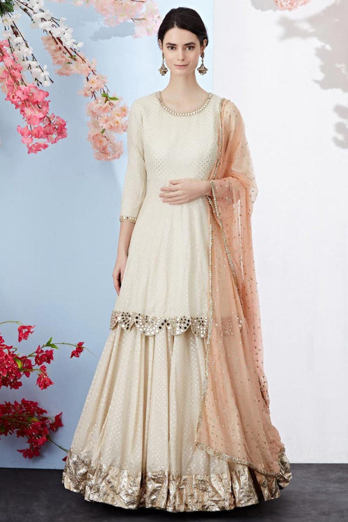 Ivory Chanderi Silk Lehenga Choli With Mirror Work