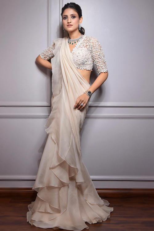 Ivory Chiffon Bridesmaid Fancy Ruffle Wedding Saree