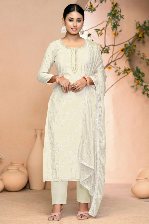 Off White Cotton Embroidered Casual Wear Suit
