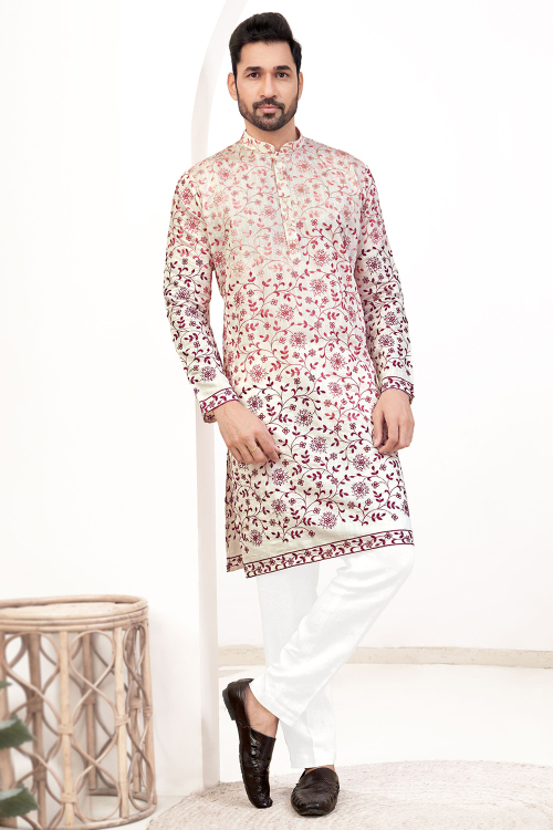 Off White Cotton Resham Thread Men&#039;s Kurta Pajama 