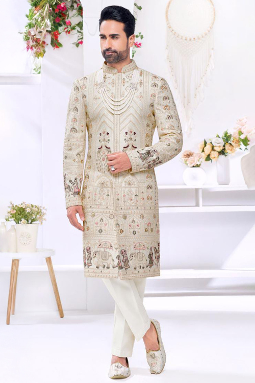 Off White Cotton Resham Thread Men&#039;s Sherwani