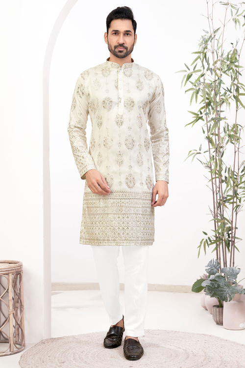 Off White Cotton Silk Zari Men&#039;s Kurta Straight Cut Pajama 