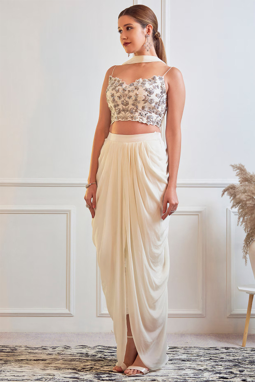 Off White Crepe Embroidered Dhoti Style Lehenga Set for Weddings