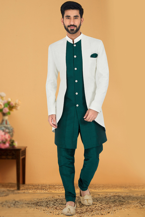 Off White Dupion Silk Jacket Style Men Sherwani